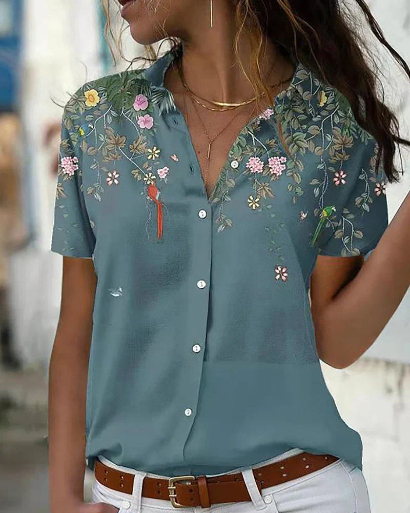 Elissa - smart bluse med blomstermønster og klassisk krave