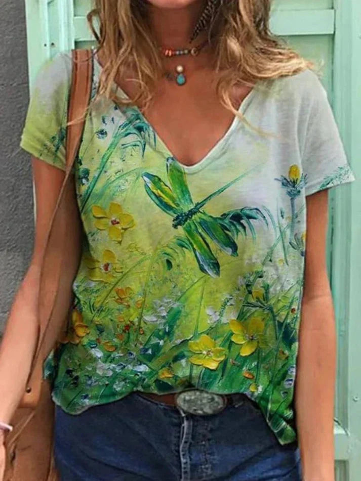 T-shirt med v-hals maleri blomsterkunst