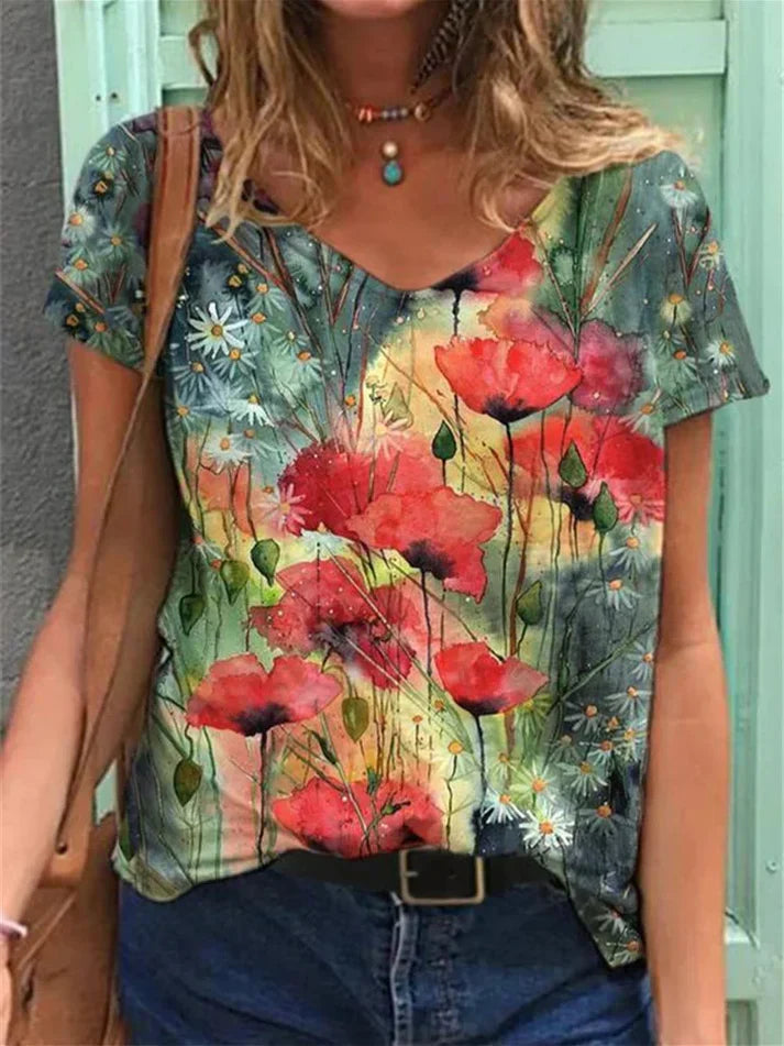 T-shirt med v-hals maleri blomsterkunst