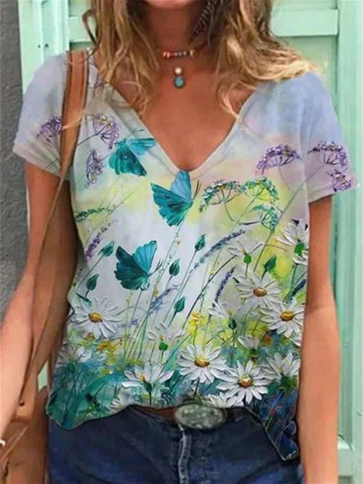 T-shirt med v-hals maleri blomsterkunst