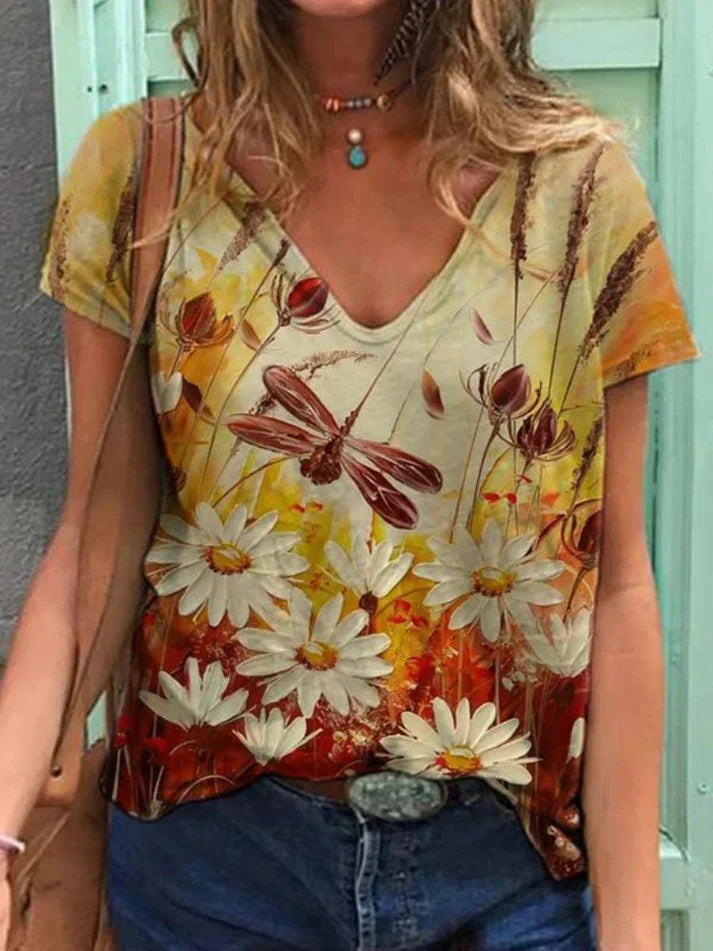 T-shirt med v-hals maleri blomsterkunst