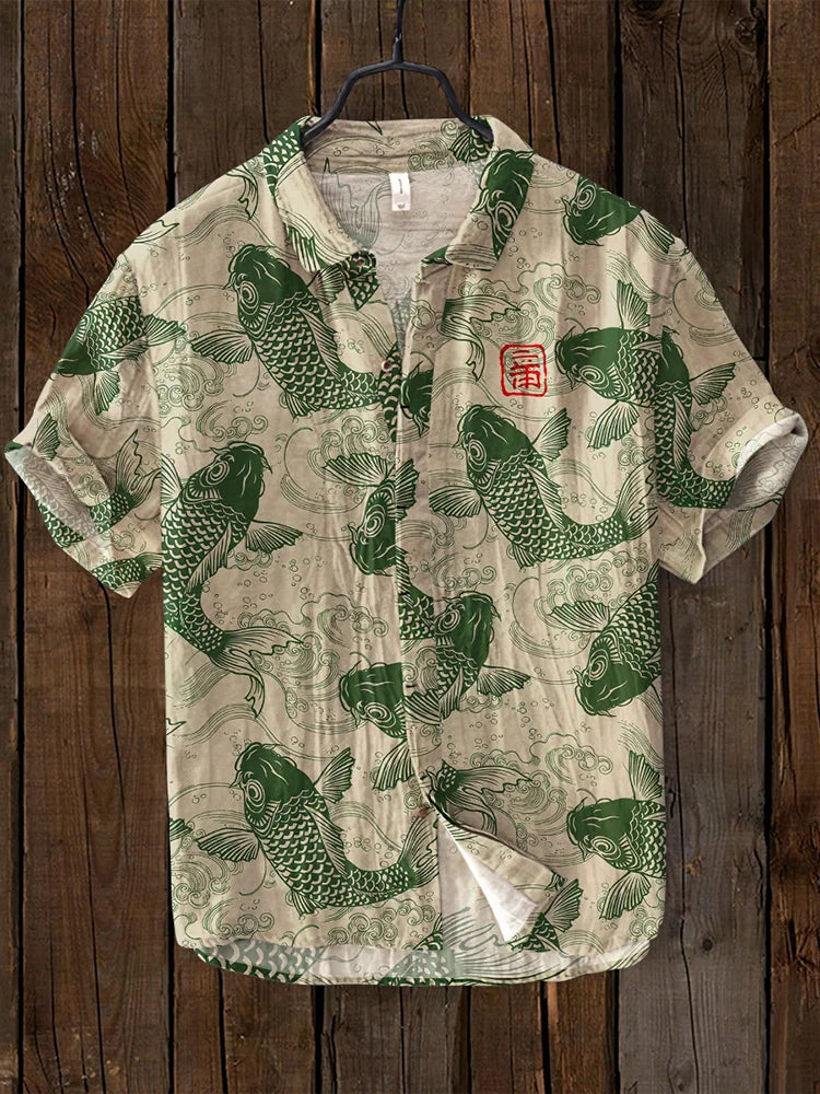 Osamu - vintage fisk skjorte i japansk kunst i hørblanding