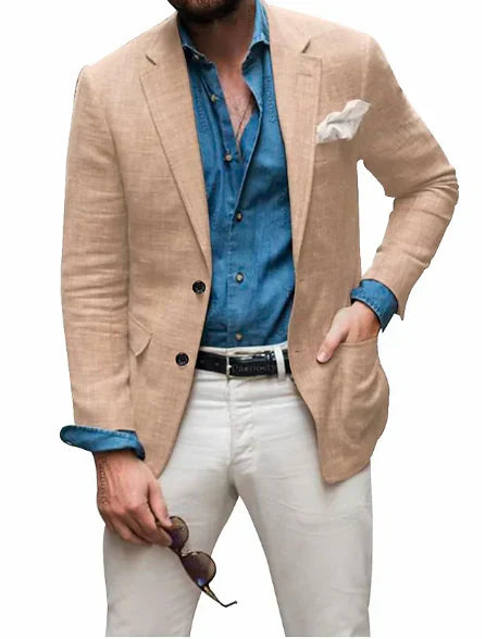 Jon - herre linned blazer strand bryllup afslappet skræddersyet pasform ensfarvet enkeltradet to knapper