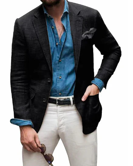 Jon - herre linned blazer strand bryllup afslappet skræddersyet pasform ensfarvet enkeltradet to knapper