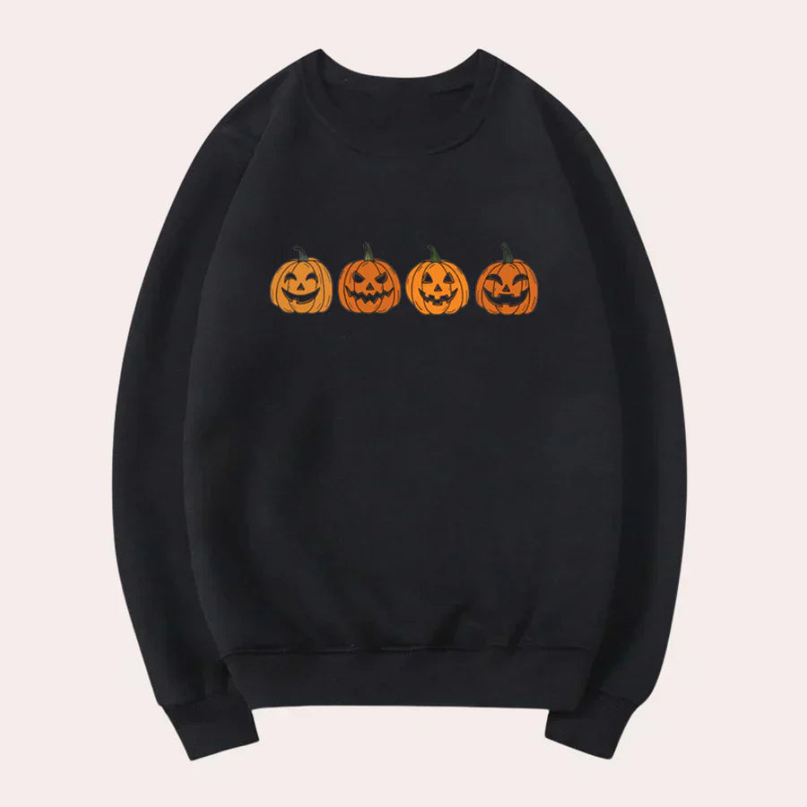 Afra – halloween sweater med rund hals og græskarmotiv til kvinder