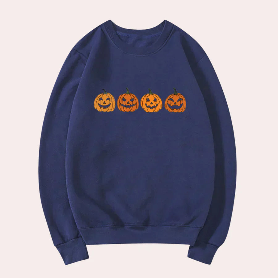 Afra – halloween sweater med rund hals og græskarmotiv til kvinder
