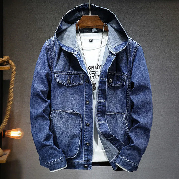 Denimjakke til mænd med hætte i vintage stil