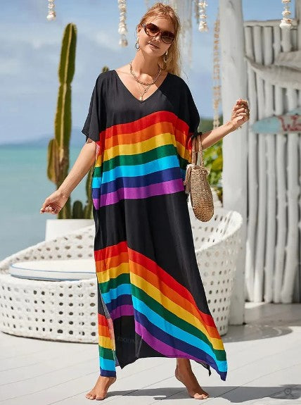 Evelyn - lang boho kjole med grafisk regnbueprint