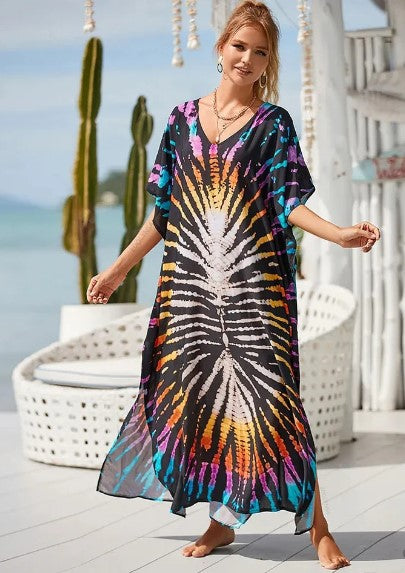 Evelyn - lang boho kjole med grafisk regnbueprint