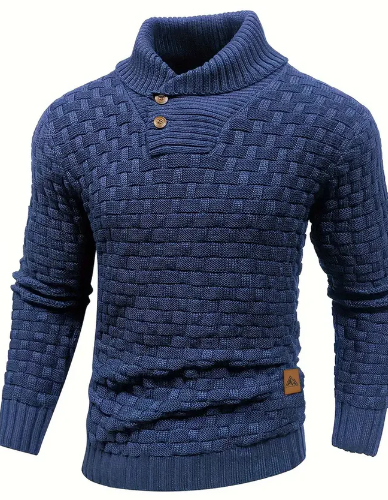 Strikket sweater med sjalkrave og knaplukning til herrer