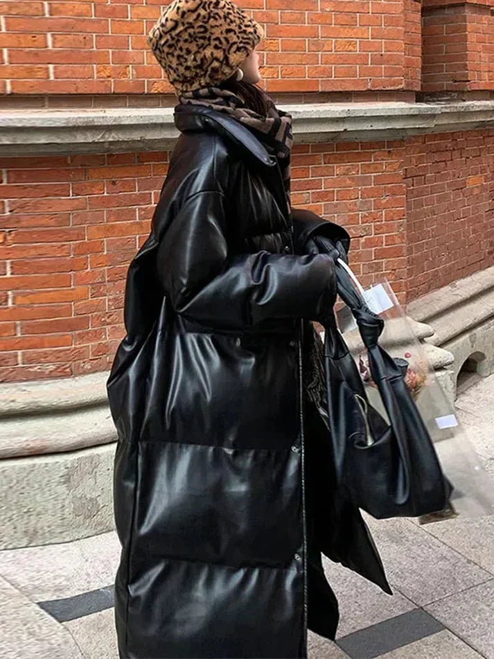 Aimee - lang pufferjakke i læder med bælte