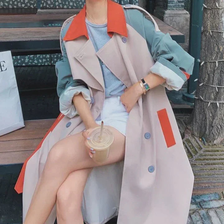 Anelle - lang damefrakke med farvede accenter