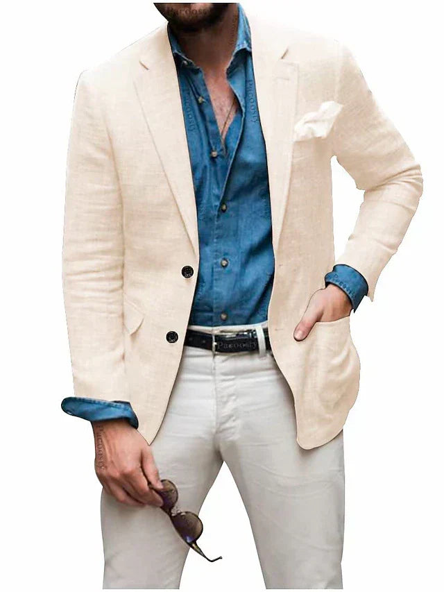 Jon - herre linned blazer strand bryllup afslappet skræddersyet pasform ensfarvet enkeltradet to knapper