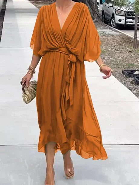 Fiona - grøn v-hals chiffon midikjole