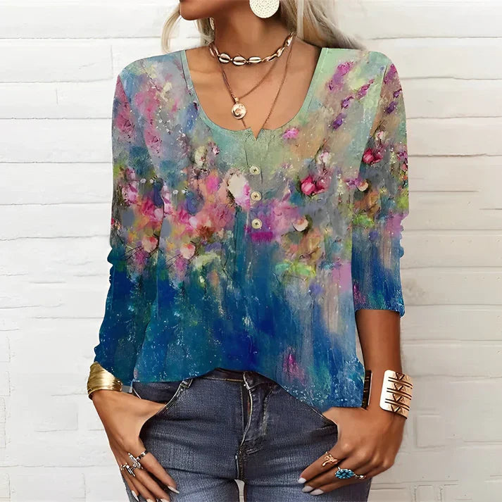 Afslappet langærmet t-shirt med blomsterprint med rund hals og lange ærmer