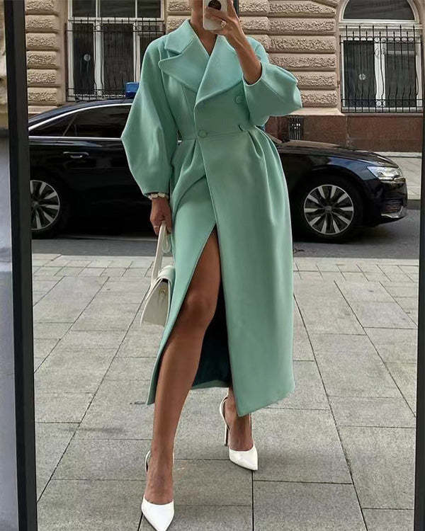 Retroluxe vintage uldfrakke med lanterneærmer og revers