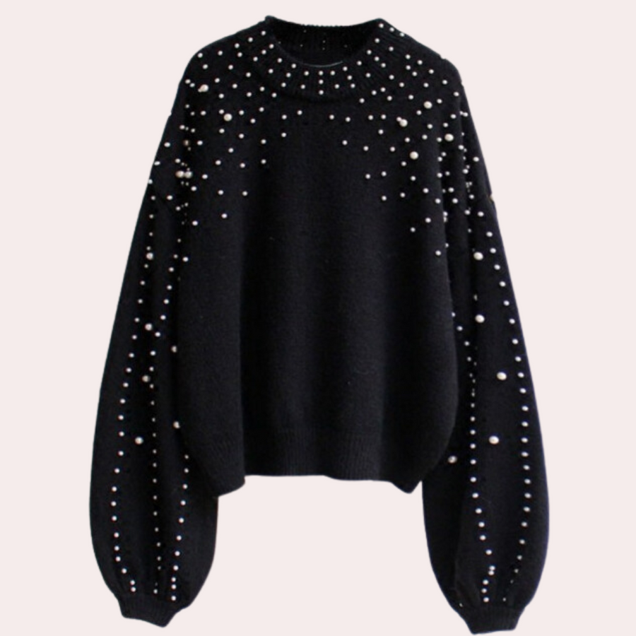 Xaviera-stylish-dame-sweater-med-rund-hals-og-perleudsmykning