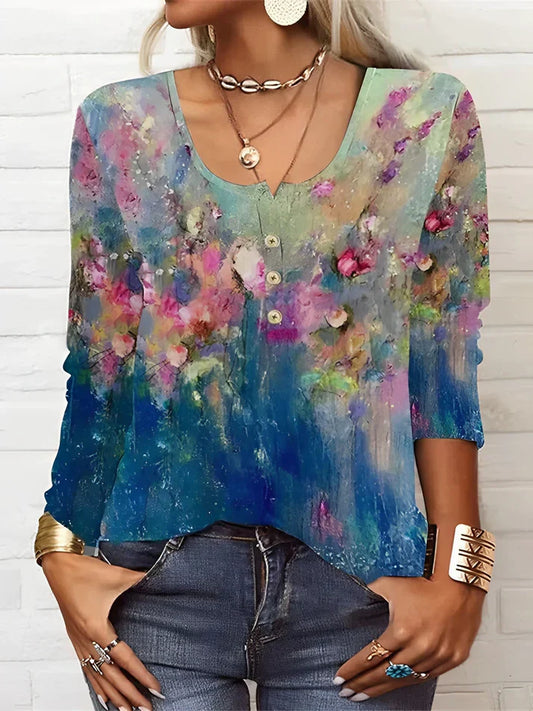 Afslappet langærmet t-shirt med blomsterprint med rund hals og lange ærmer