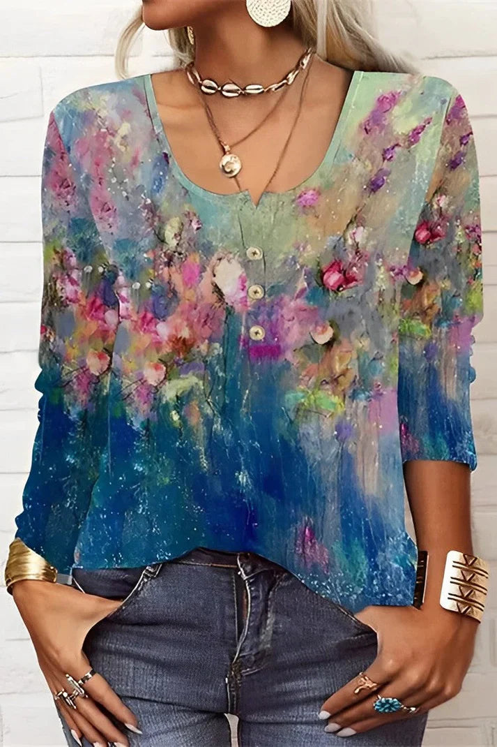Afslappet langærmet t-shirt med blomsterprint med rund hals og lange ærmer