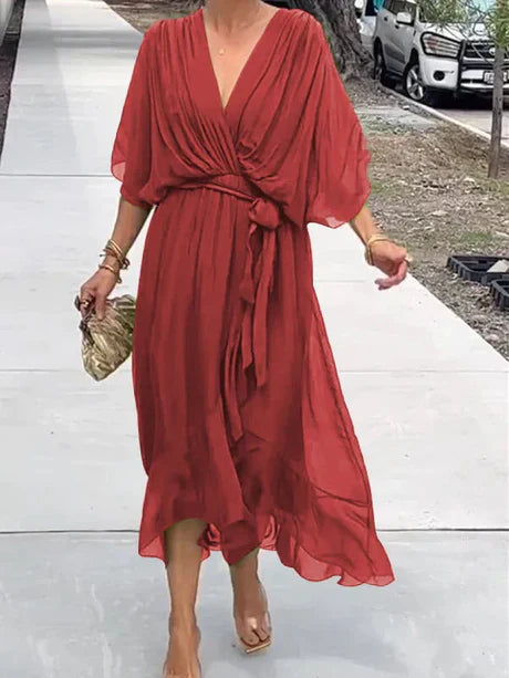 Fiona - grøn v-hals chiffon midikjole