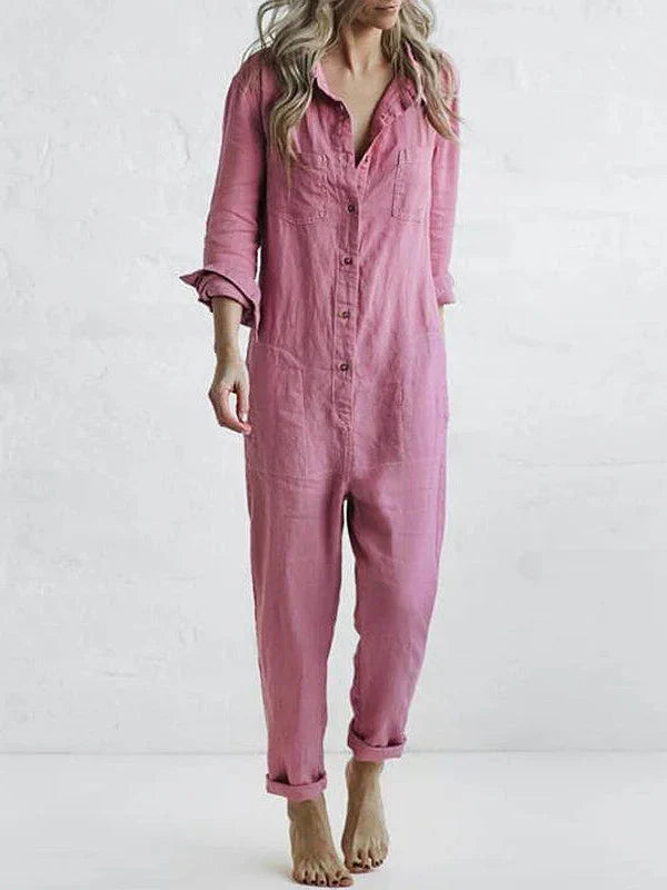 Afslappet langærmet jumpsuit med knappede revers
