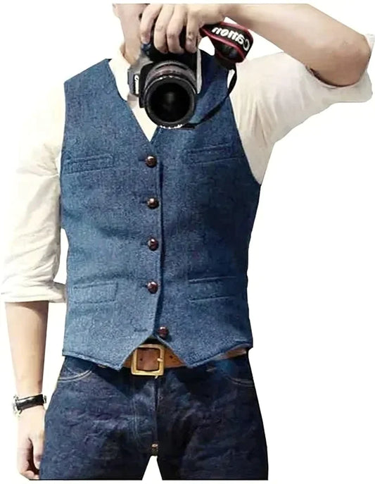 Denim blazervest med v-hals til mænd