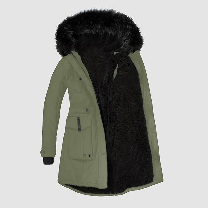 Stilfuld dameparka med sort kunstpelskant