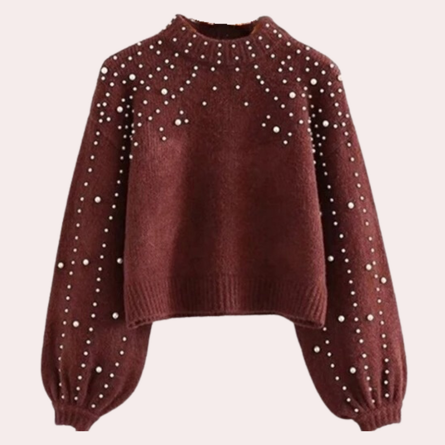 Xaviera-stylish-dame-sweater-med-rund-hals-og-perleudsmykning