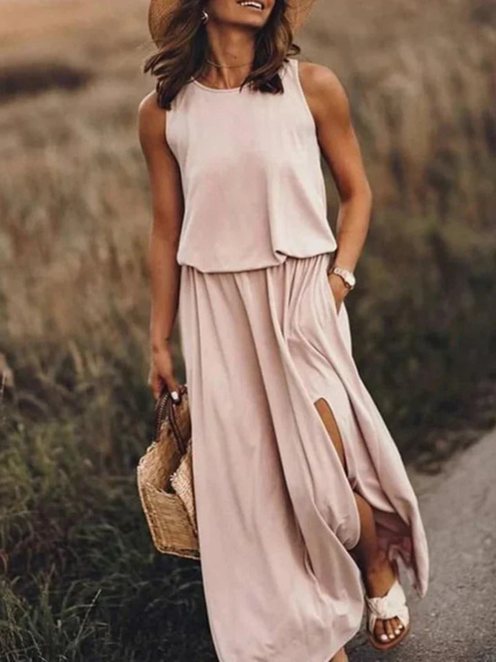 Khaki Maxi Kleid ohne Ärmel für Damen