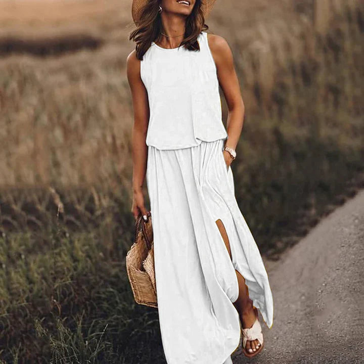 Weißes Maxi Kleid ohne Ärmel für Damen