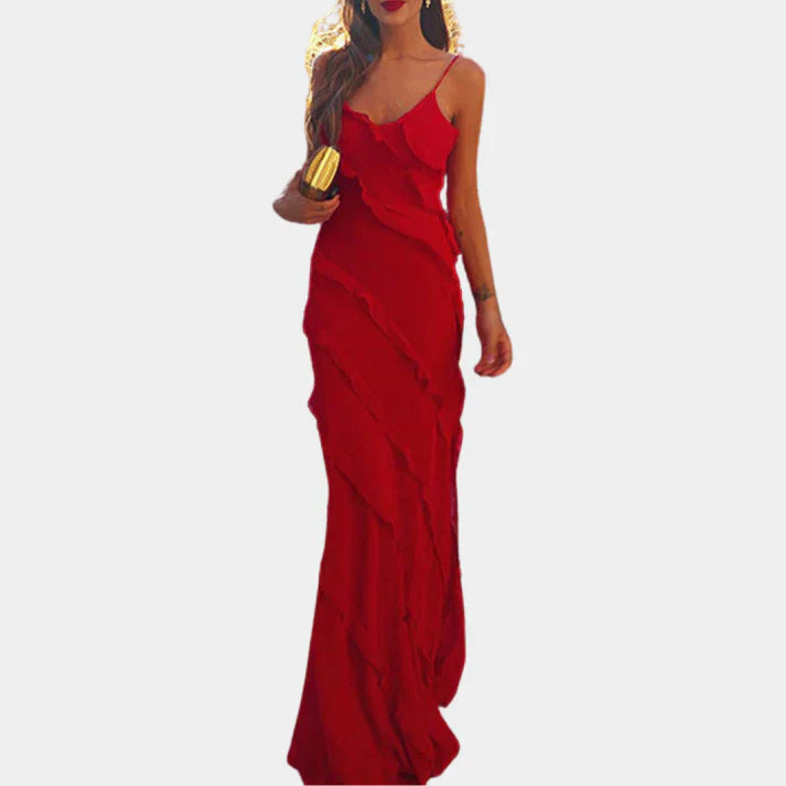 Elegant lang damekjole med flæser