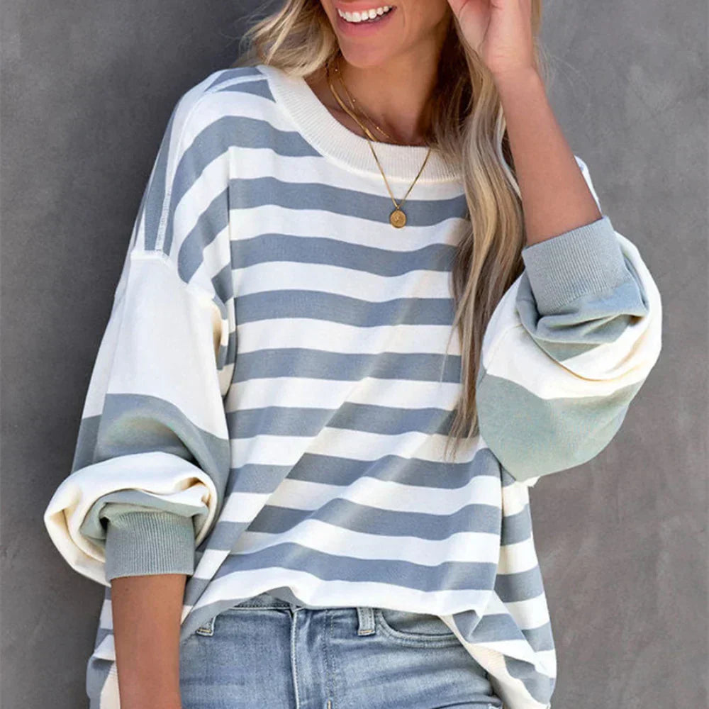 Safran – stribet sweater med faldede skuldre til kvinder