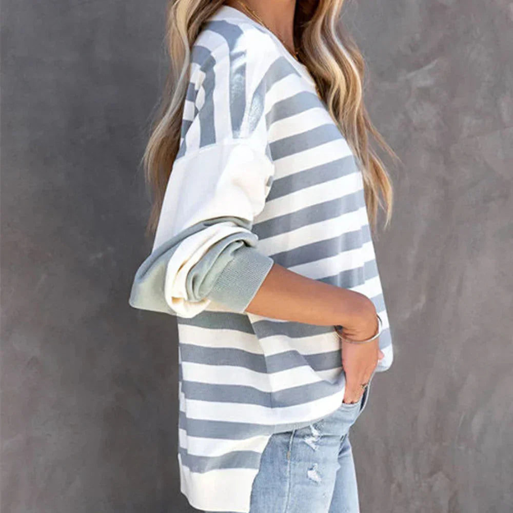 Safran – stribet sweater med faldede skuldre til kvinder
