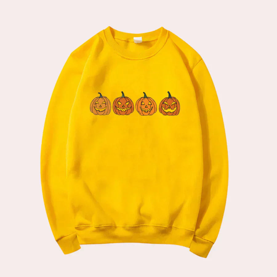 Afra – halloween sweater med rund hals og græskarmotiv til kvinder
