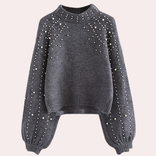 Xaviera-stylish-dame-sweater-med-rund-hals-og-perleudsmykning
