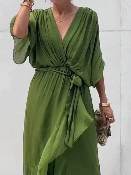 Fiona - grøn v-hals chiffon midikjole