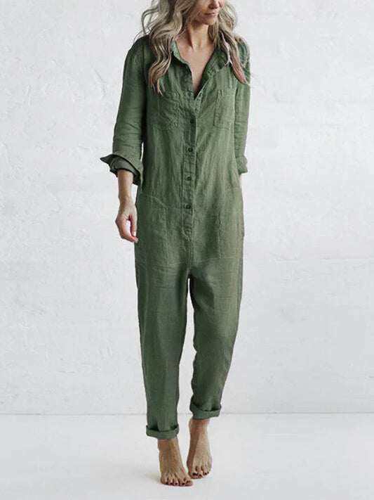 Afslappet langærmet jumpsuit med knappede revers