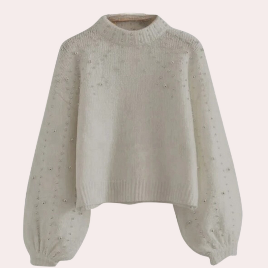 Xaviera-stylish-dame-sweater-med-rund-hals-og-perleudsmykning