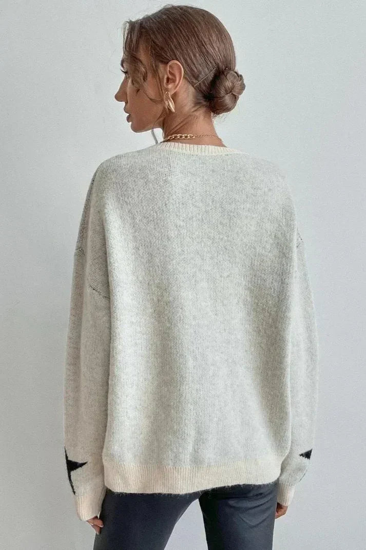 Dame vintertrøje med stjerneprint - moderigtig sweater med lange ærmer