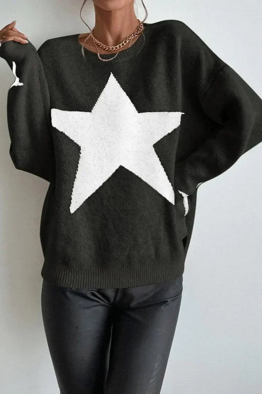 Dame vintertrøje med stjerneprint - moderigtig sweater med lange ærmer