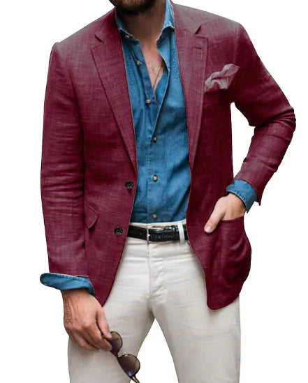 Jon - herre linned blazer strand bryllup afslappet skræddersyet pasform ensfarvet enkeltradet to knapper