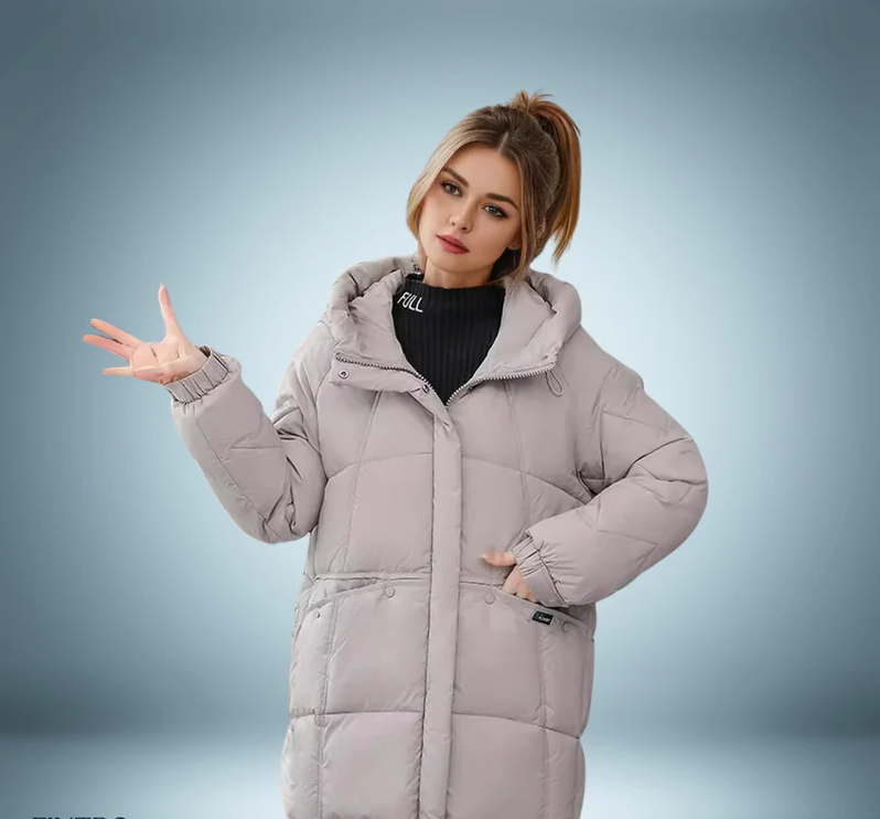 Moderigtig dunjakke i grå