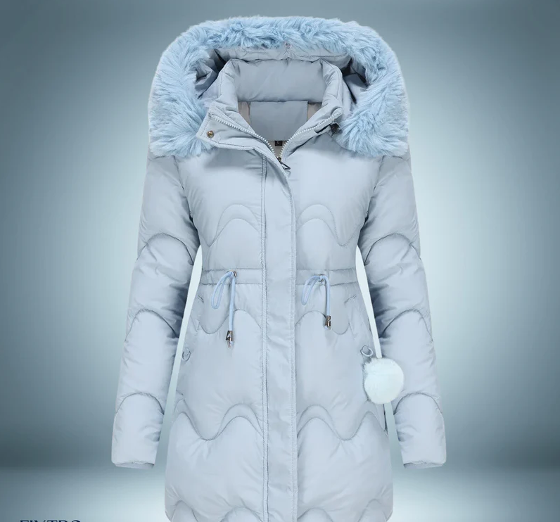 Farverig parka med pelskrave