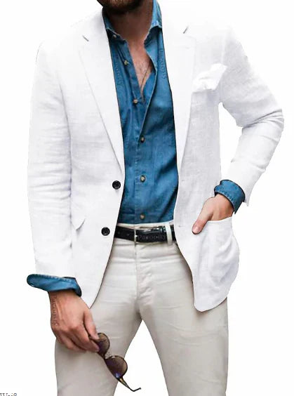 Jon - herre linned blazer strand bryllup afslappet skræddersyet pasform ensfarvet enkeltradet to knapper