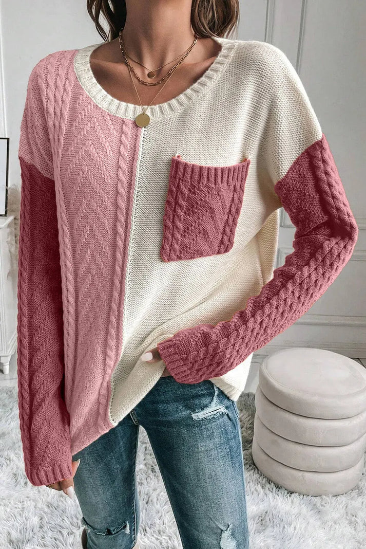 Trendy sweater med rund hals og farveblokke til vinter