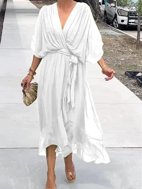 Fiona - grøn v-hals chiffon midikjole