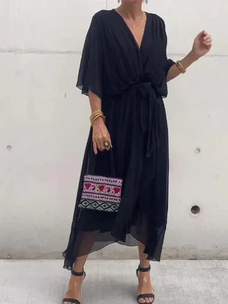 Fiona - grøn v-hals chiffon midikjole