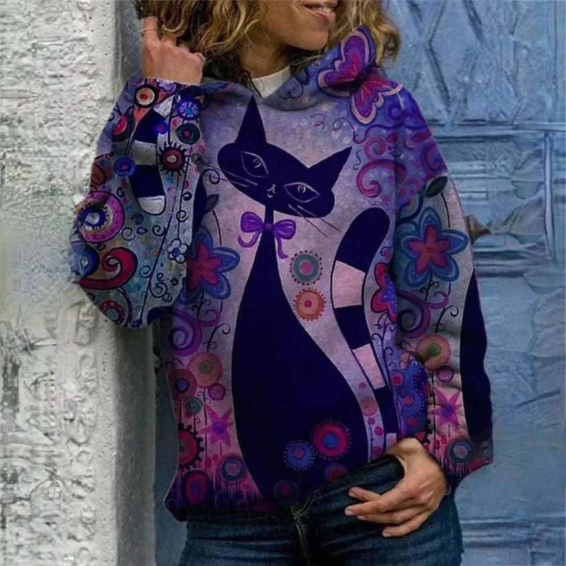 Lucia - elegant hættetrøje med katteprint