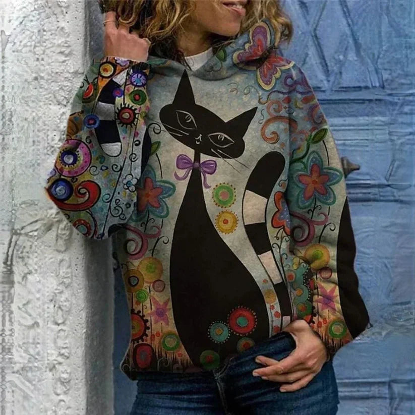 Lucia - elegant hættetrøje med katteprint