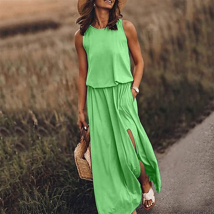 Aurelia - elegant lang boho kjole med elastik i taljen